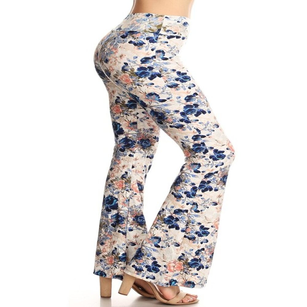Women's Ultra Soft High Waist Flare Yoga Leggings S-XL Elastic Waist Blue Flower